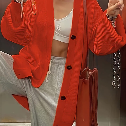  Solid Button Up Lantern Sleeve Cardigan