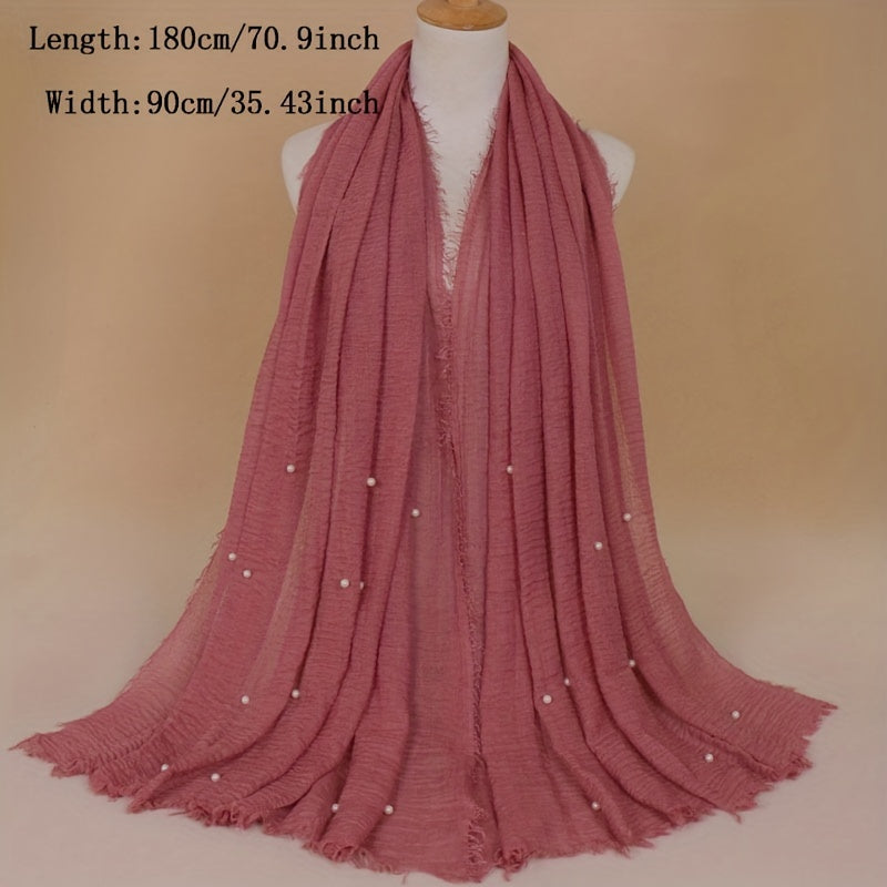 Solid Hijab Faux Pearl Decor Scarf Frayed Edge Shawl