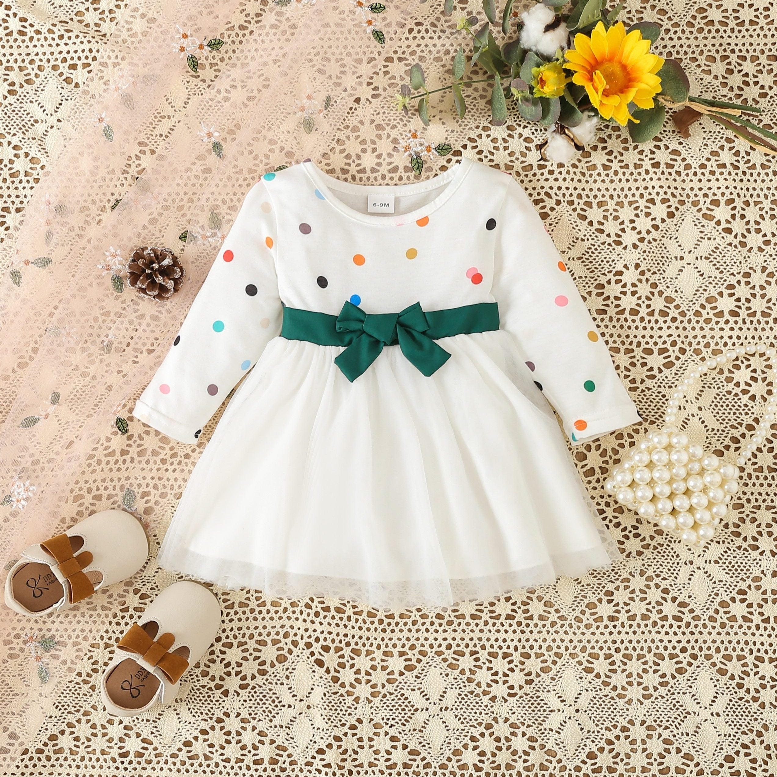 Baby Girls Colorful Dotted Mesh Belted Bow Dress Party Princess Dress