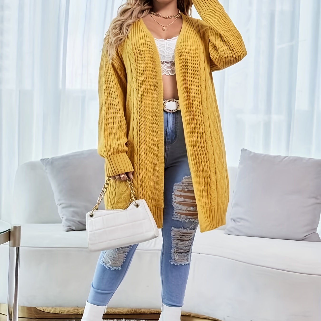  Casual Cardigan Women's Plus Solid Jacquard Long Sleeve Knit Cardigan