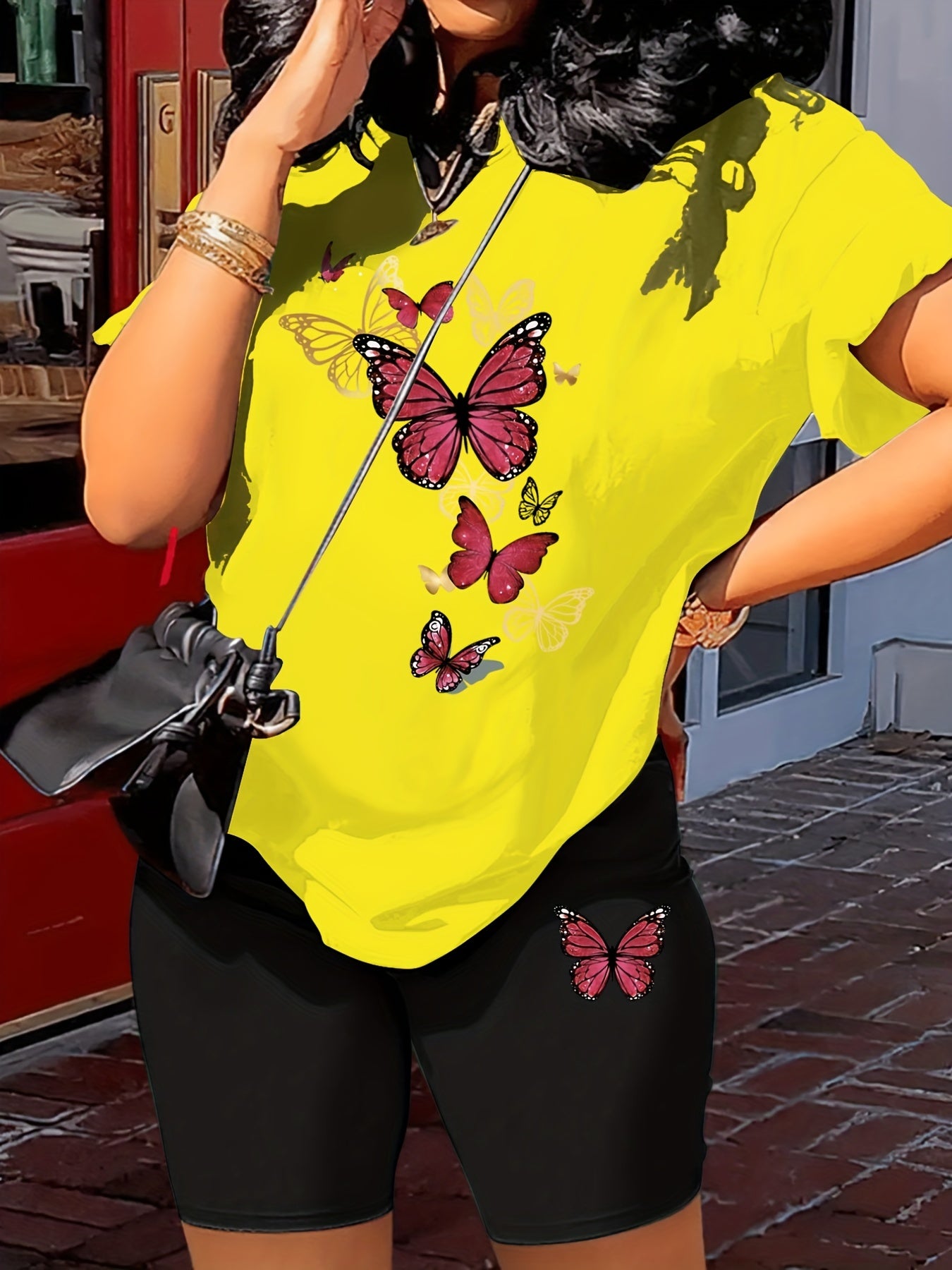 Butterfly Print 2 Piece Outfit Short Sleeve T-Shirt & Shorts Summer 2pcs Set