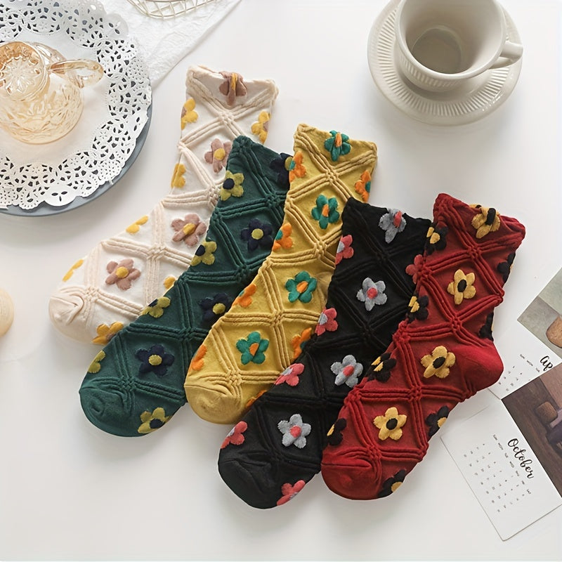 5 Pairs Floral & Argyle Print Socks Breathable Stockings Women's Hosiery