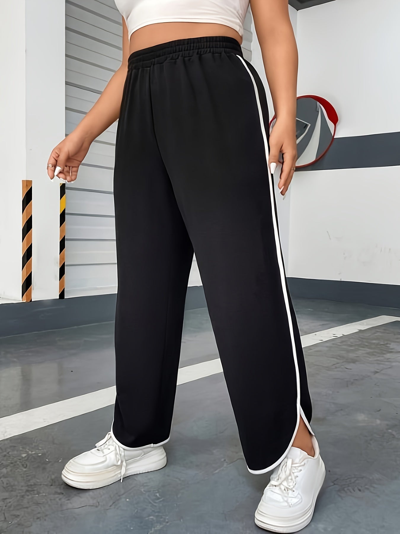  Casual Pants Women's Plus Contrast Binding Straight Leg Loose Trousers