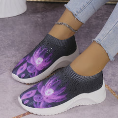 Rhinestone Decor Floral Sneakers Low Top Slip On Knit Sock Shoes