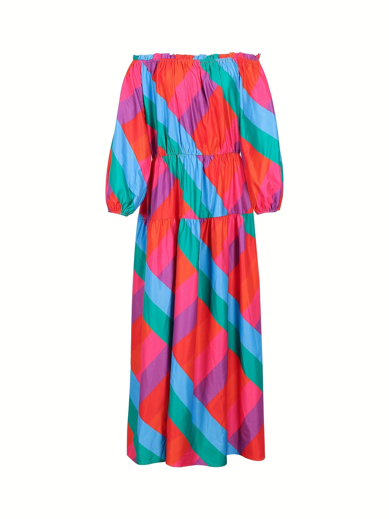  Colorblock Geometric Print Off Shoulder Dress