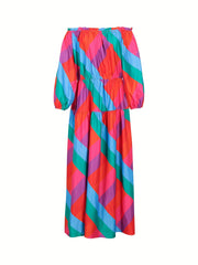  Colorblock Geometric Print Off Shoulder Dress