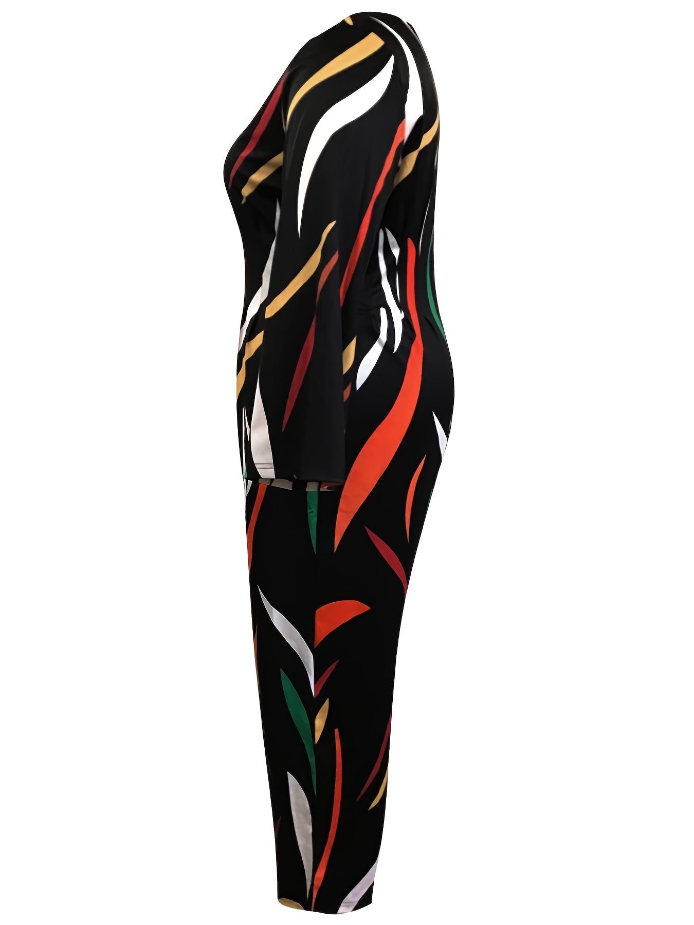  Colorful Stripe Print Long Sleeve Wide Leg Jumpsuit
