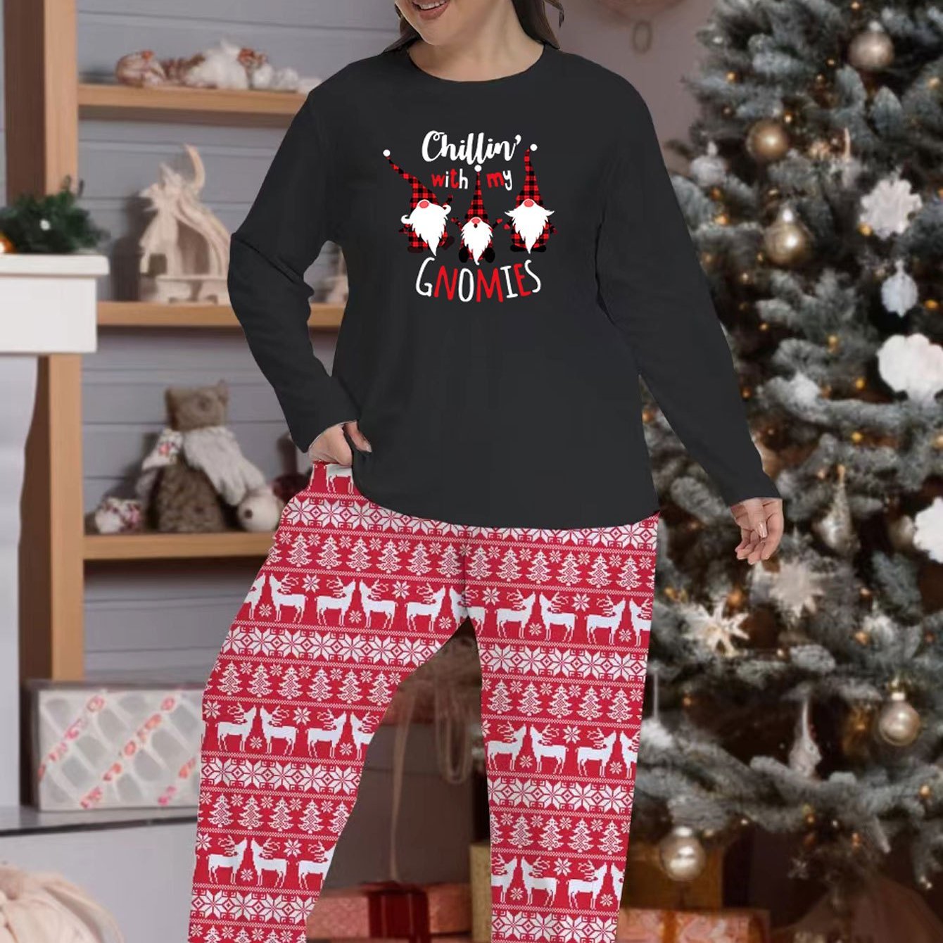 Christmas Pajama Set Plaid Gnomes & Letter Print Tee & Elk Pants