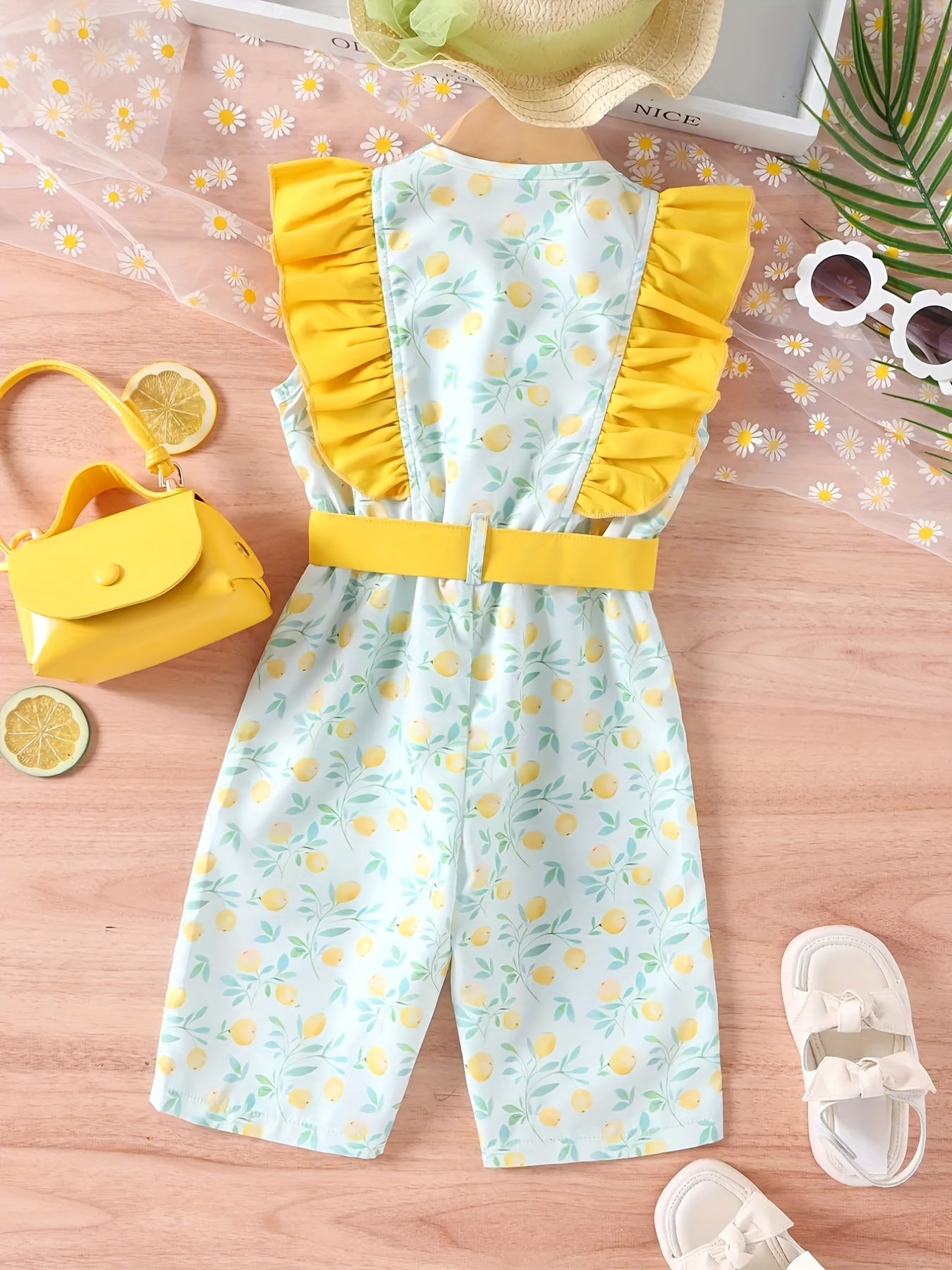 Girls Lemon Graphic Ruffled Sleeveless Jumpsuit With Belt