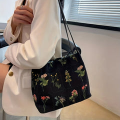 Floral Embroidery Shoulder Bag Canvas Bucket Bag Handbag