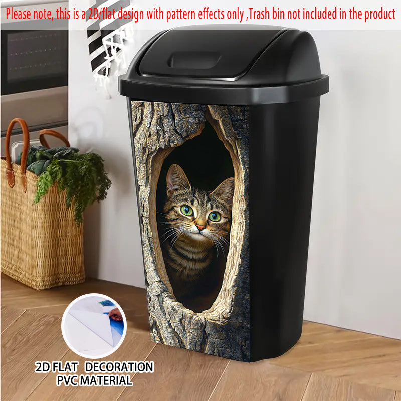 Realistic Tabby Cat Tree Hole Sticker Weather Resistant Art for Trash Bins