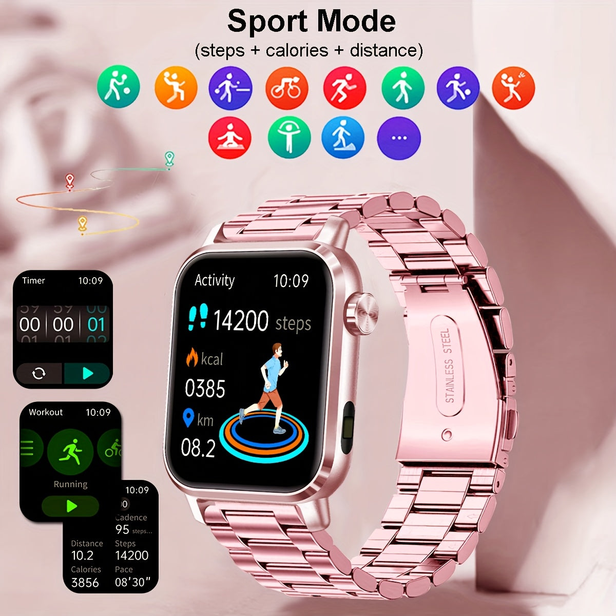 HD Sports Smartwatch 1.85 inch Pink Steel Band LED Flashlight Wireless Calling