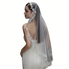 Tulle Cathedral Bridal Veil with Floral Embroidery