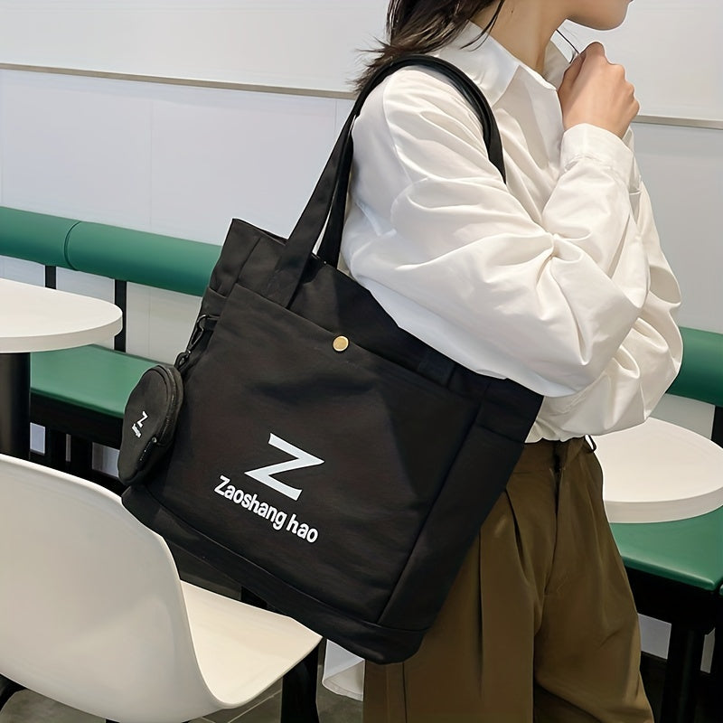 Letter Print Canvas Tote Bag Set With Coin Purse