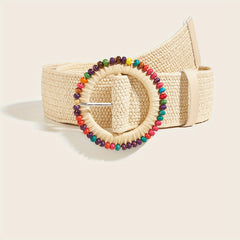 Boho Style Beaded Elastic Belt Colorful Wooden Beads Handwoven Round Buckle
