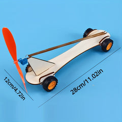 Rubber Band Power Car Kit Boys Fun Physics Toy Gift Yellow Orange Propeller