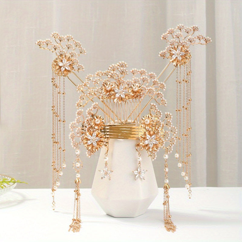 Alloy Leaf Pearl Hair Comb Crystal Inlaid Bridal Insert Comb