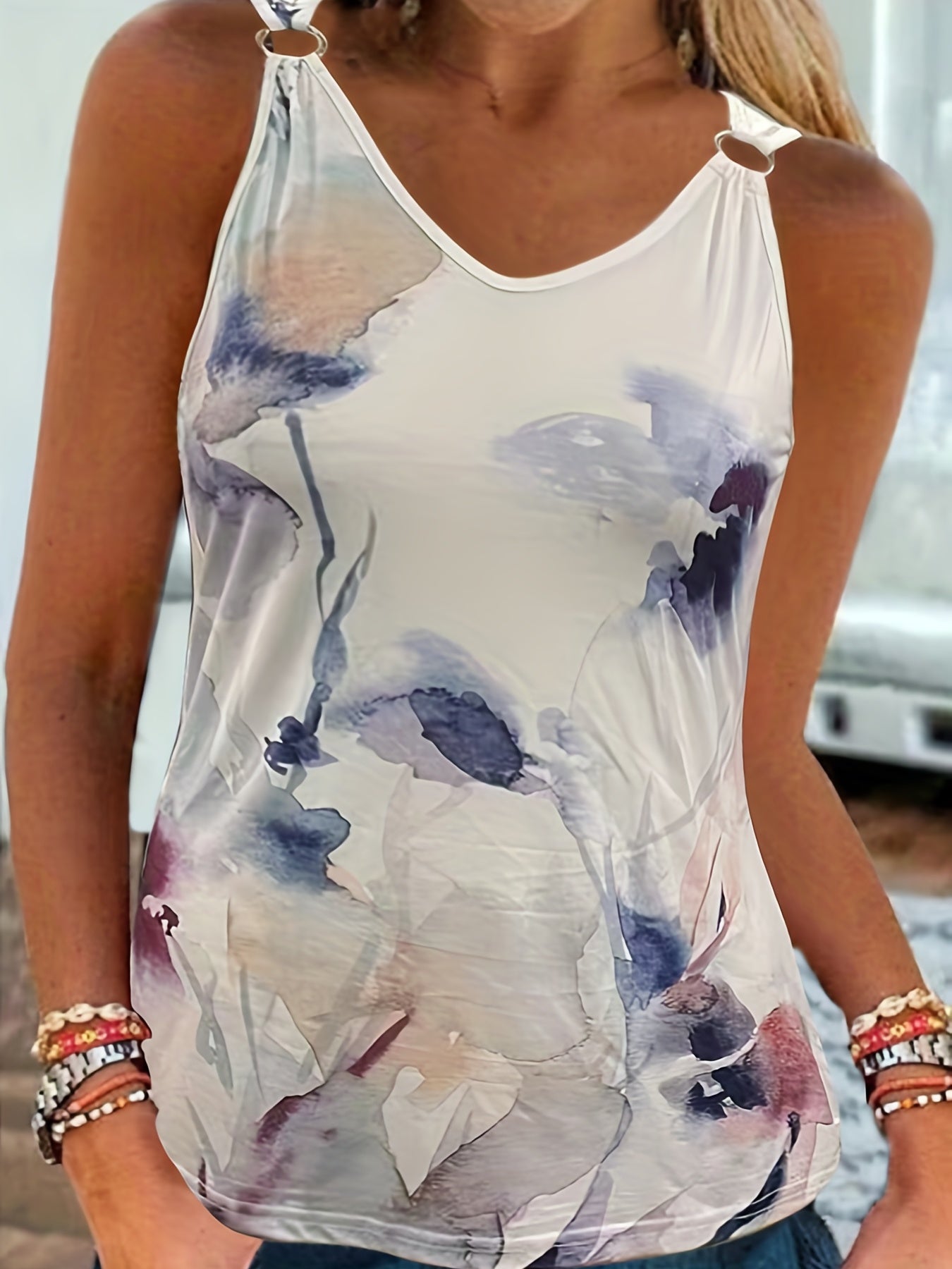  Floral Print V Neck Tank Top