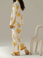 Bear Print Pajama Set Long Sleeve Top & Pants Women's Sleepwear