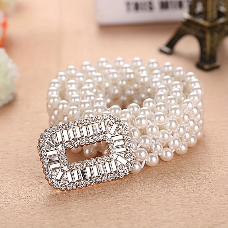 Elastic Faux Pearl Waist Chain Hollow Out Buckle Dress Girdle Chain Belts