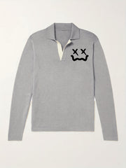 Cross Eyes Face Pattern Knit Polo Shirt Men's Casual Lapel V Neck