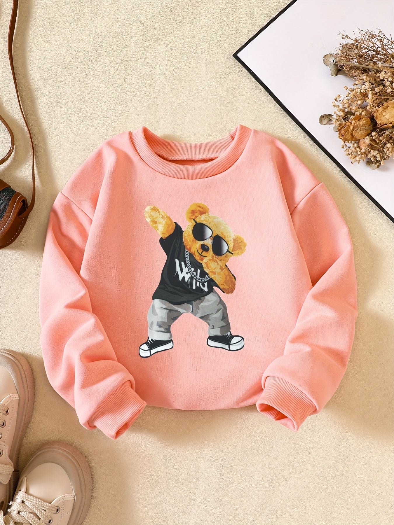 Girls' Hip Hop Bear Print Crew Neck Sweatshirt Long Sleeve Pullovers
