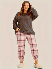  Flannel Top & Plaid Print Joggers Pajama Set