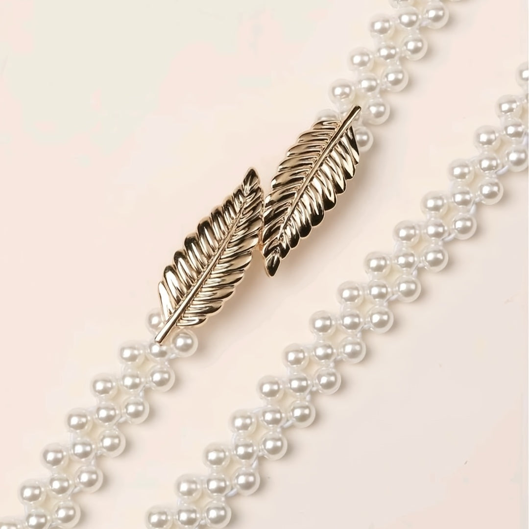 Metal Leaf Elastic Pearl Waist Chain for Dress