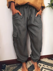  Solid Elastic Drawstring High Rise Tapered Leg Pants