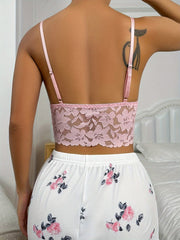 Floral Print Lace Pajama Set V Neck Cami Top & Shorts