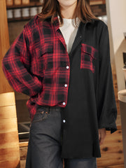  Colorblock Plaid Print Button Up Long Sleeve Blouse
