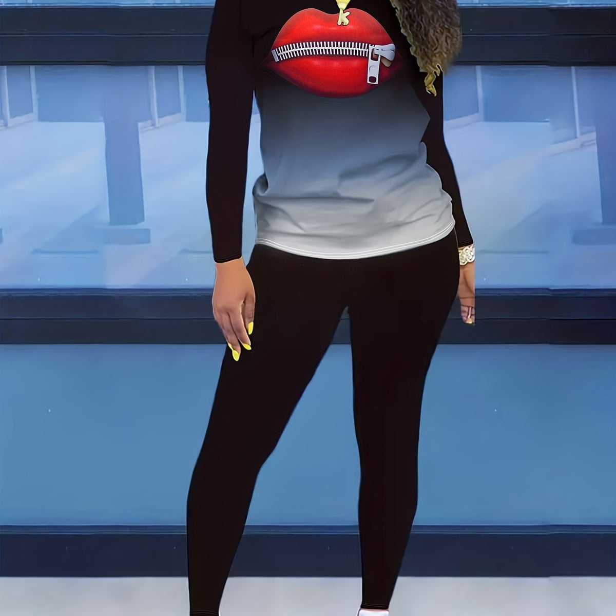 Women's Plus Ombre & Lip Print Top & Leggings Set