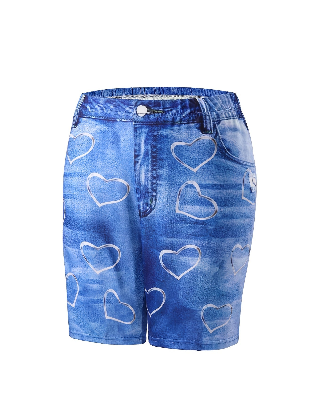  Denim & Heart Print Biker Shorts