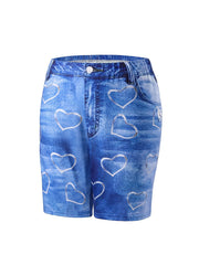  Denim & Heart Print Biker Shorts
