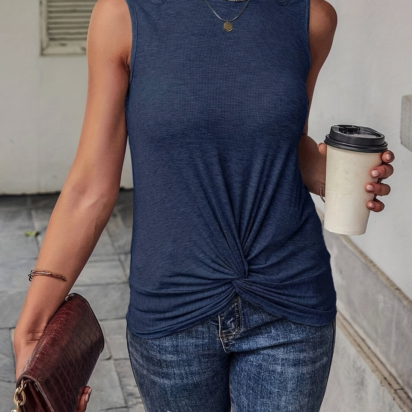 Knot Front Cut Out Tank Top Sleeveless Casual Solid Tank Top