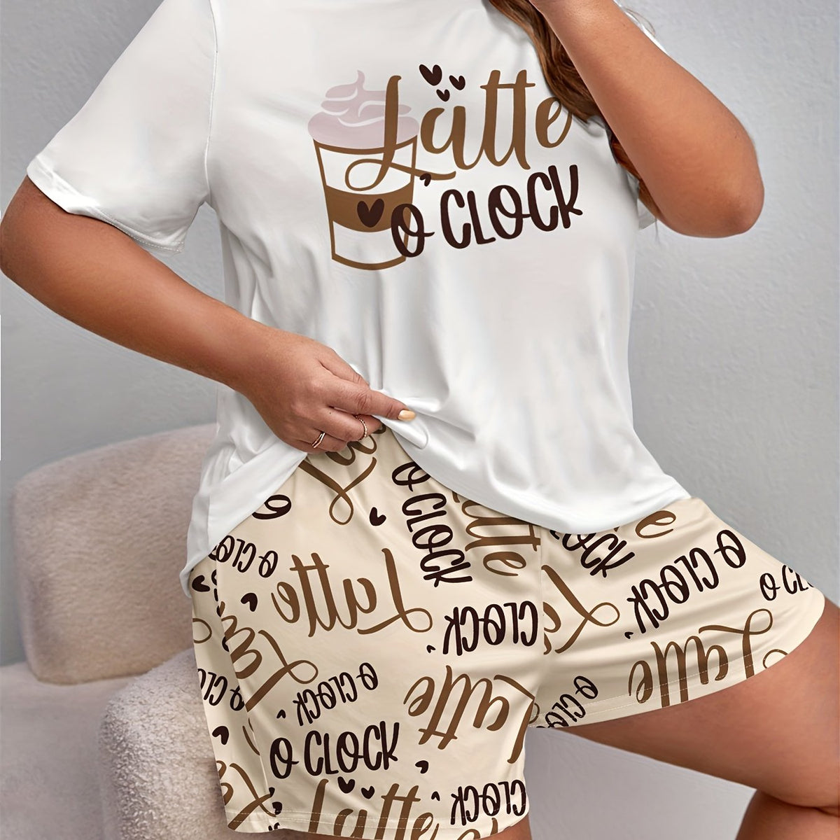  Lounge Set Women's Plus Drinks & Letter Print Tee & Shorts Pajama Set