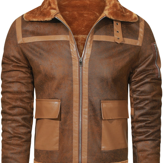 Men's Fleece PU Biker Jacket Zip Up Lapel Leather Jacket