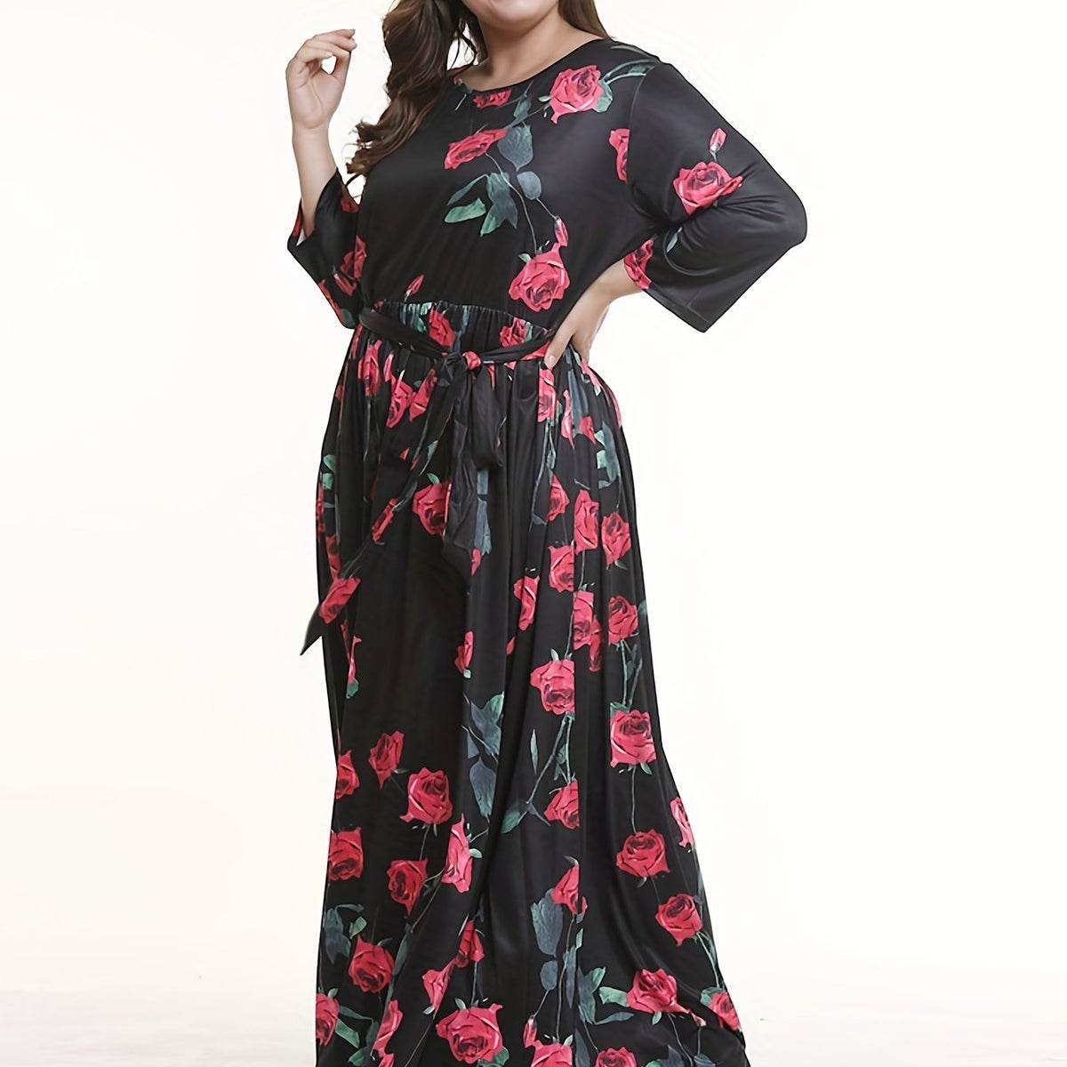 Floral Print Long Sleeve Plus Size Maxi Dress with Belt
