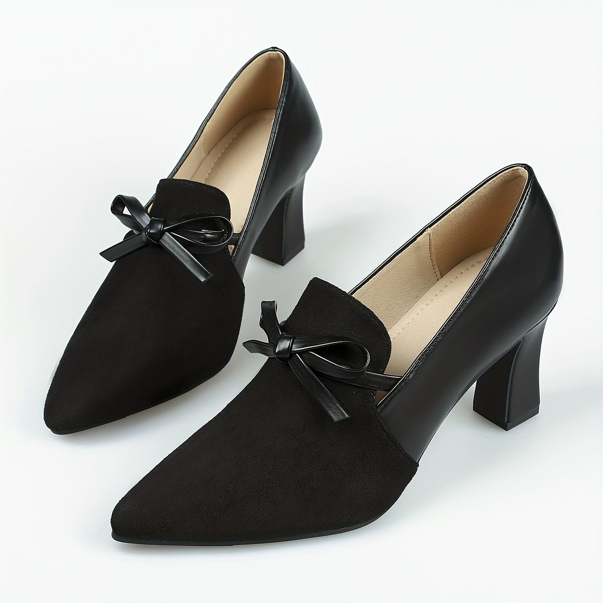 Women's Bowknot Court Pumps Pointed Toe Block Heels