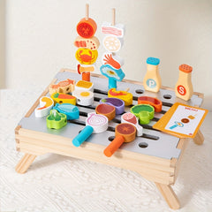Wooden BBQ Toy Set 34pcs Kitchen Toys Little Barbecue Host Realistic Food