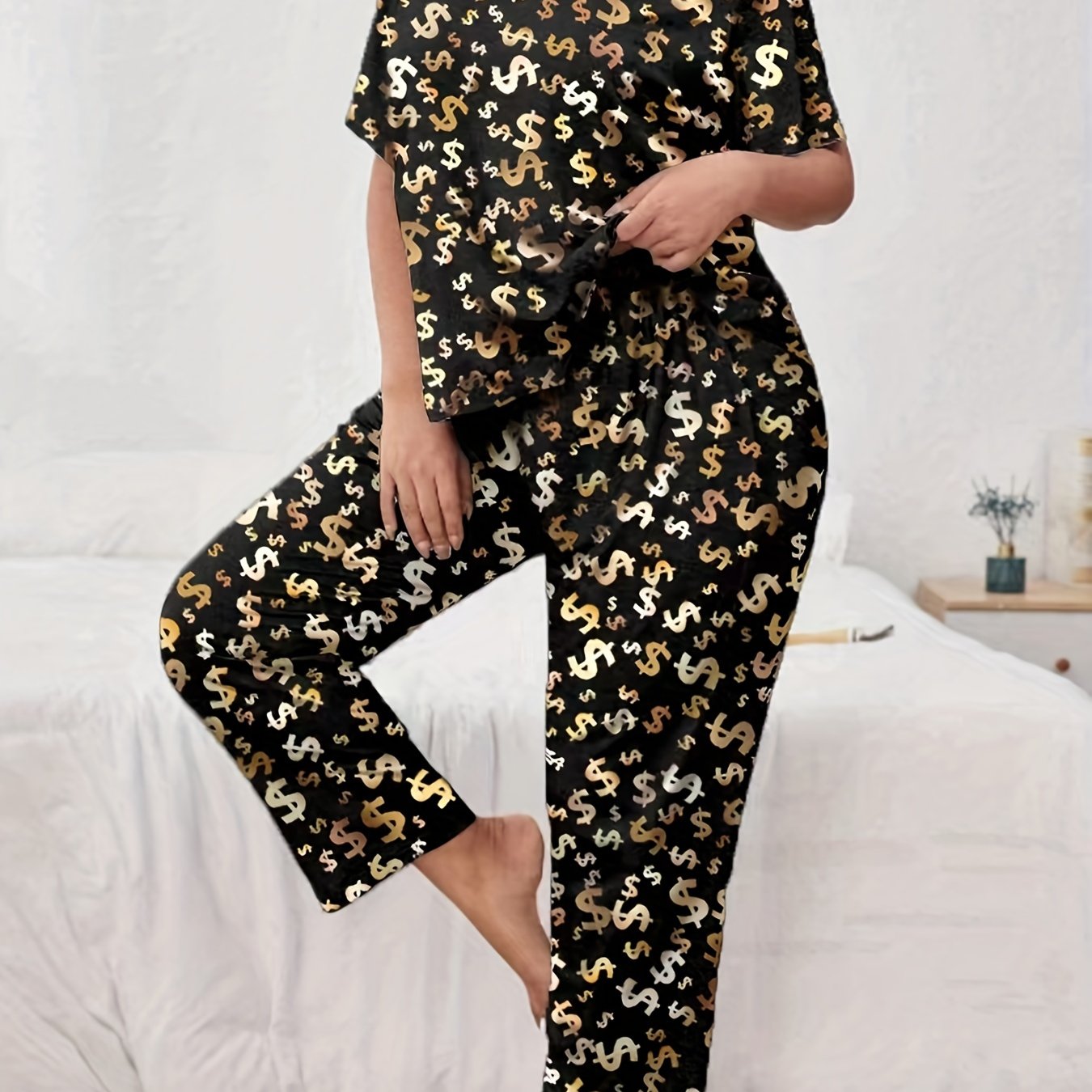  Dollar Print Pajamas Set Short Sleeve Top & Pants Money Graphic