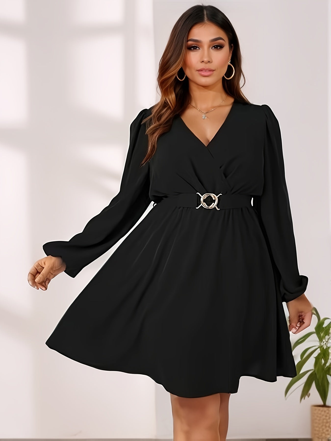  Solid Lantern Sleeve V Neck A line Dress With Belt