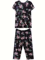 Floral Print Pajama Set Short Sleeve Crew Neck Top & Crop Pants