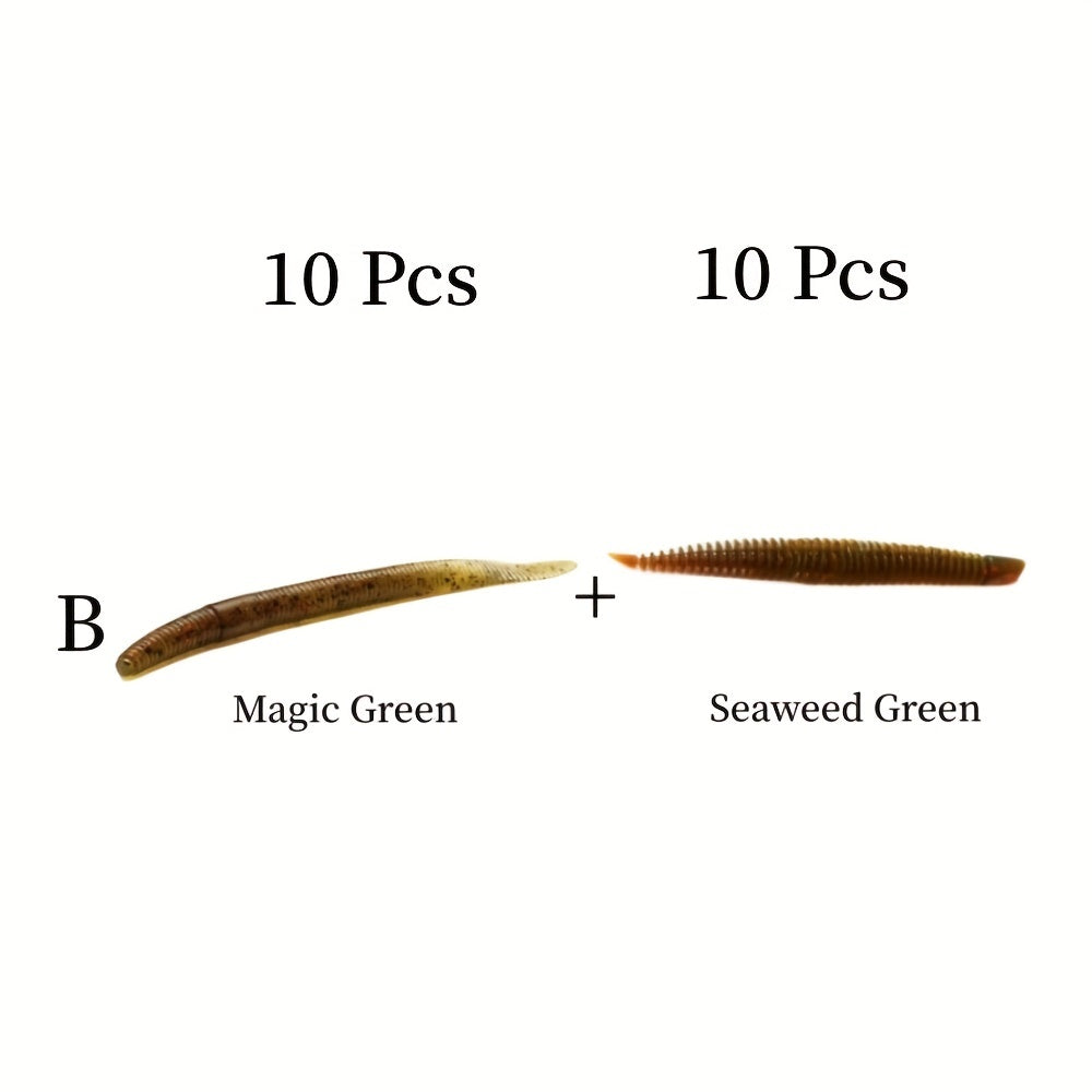 20pcs Mixed Soft Worm Fishing Lures 9.3in Flat Tailed Worm & 3.15in Floating