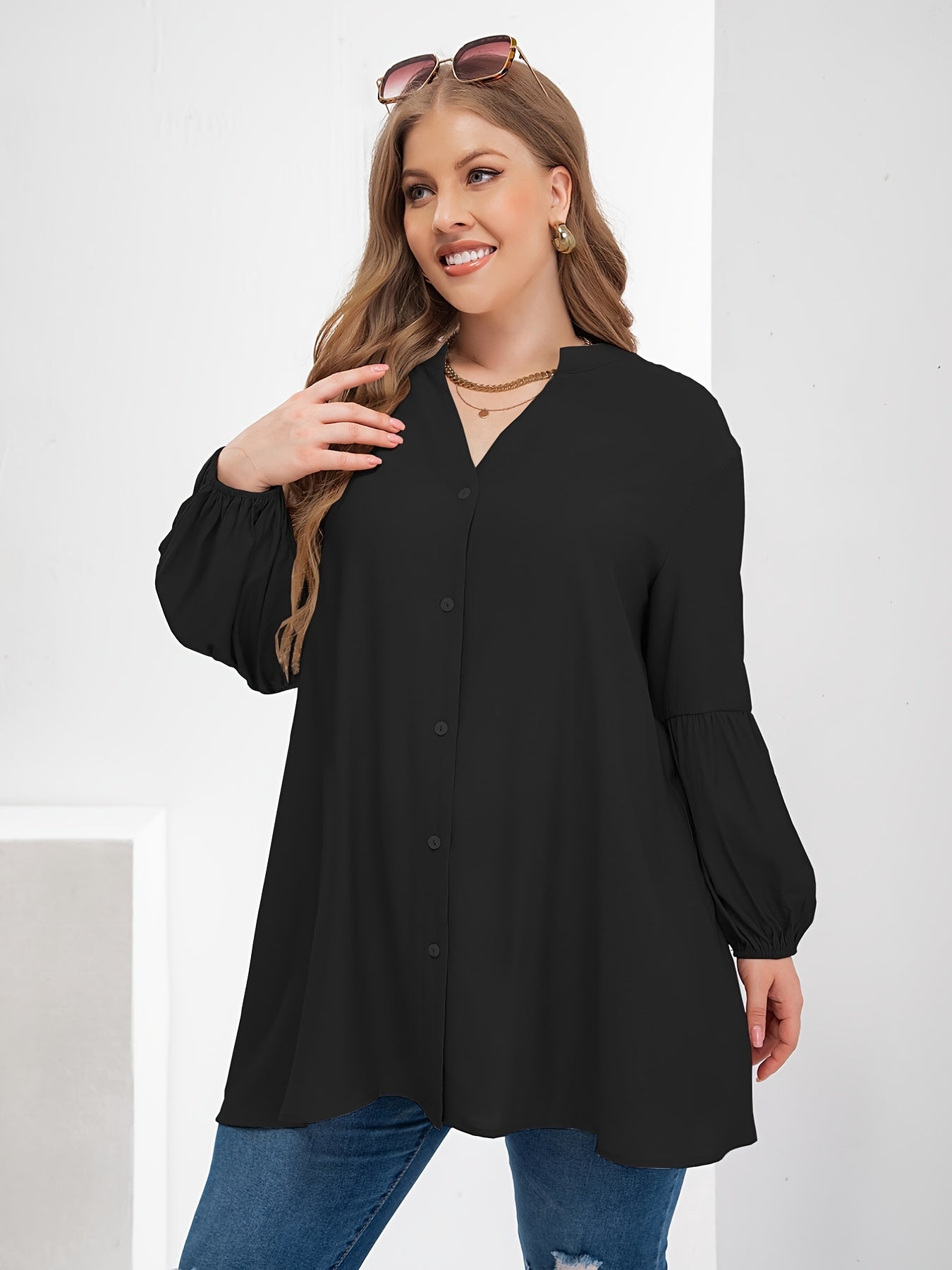  Puff Sleeve V Neck Button Front Blouse