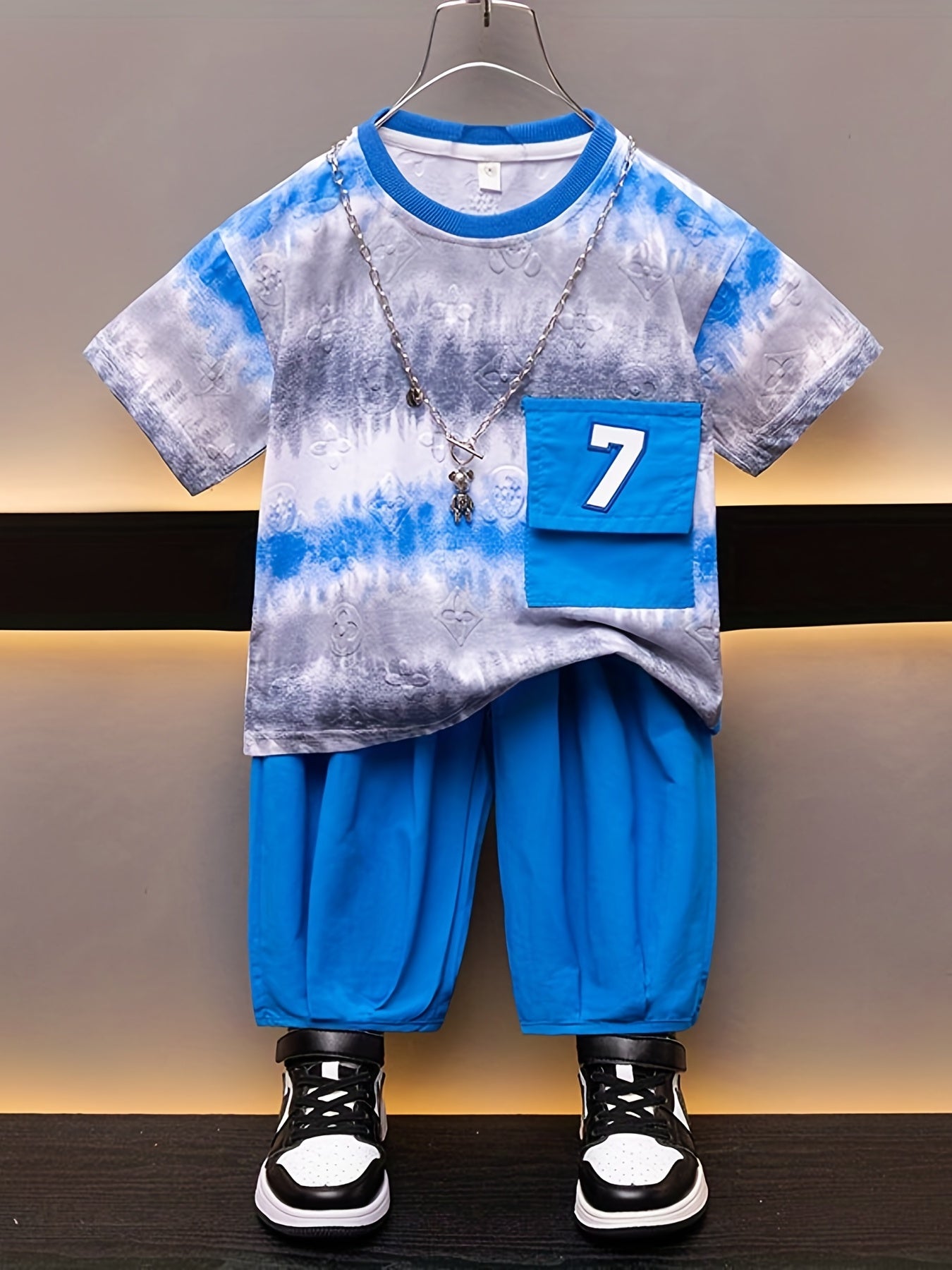 2pcs Boys Block Short Sleeve T shirt&Solid Long Pants Set for Spring Summer