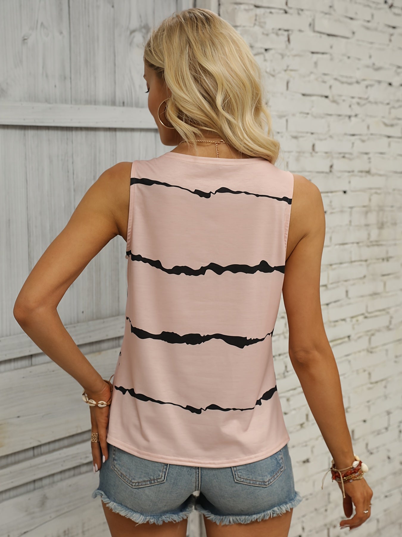 Striped Print Tank Top V Neck Sleeveless Button Front Knot Summer Tank Top