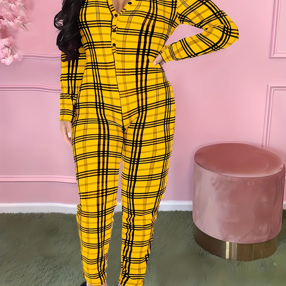  Plaid Print Jumpsuit V Neck Button Up
