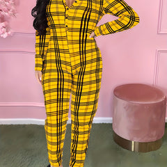  Plaid Print Jumpsuit V Neck Button Up