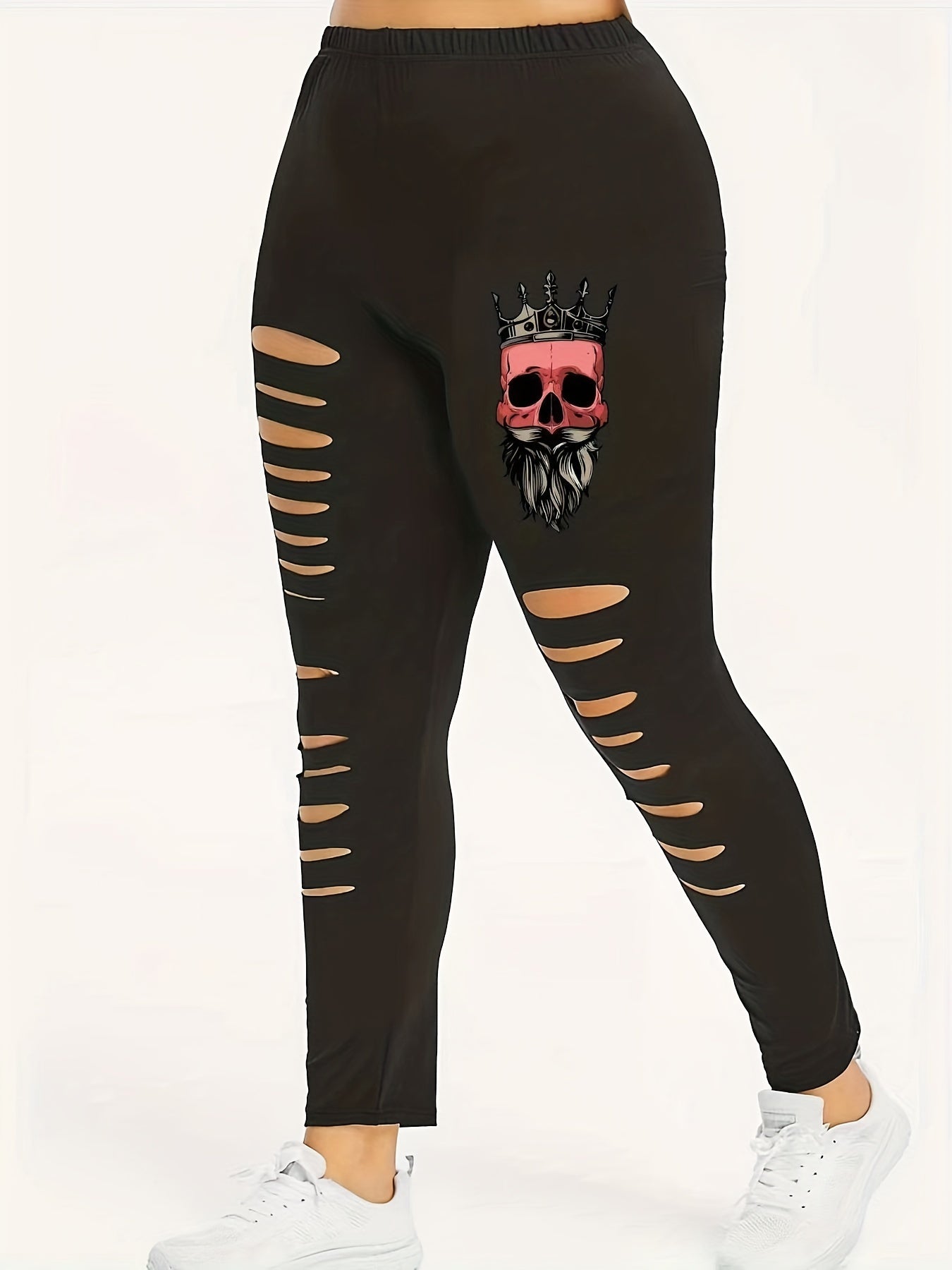 Halloween Skull Print Cut Out Elastic Leggings